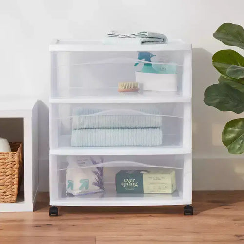 Carrello largo a 3 cassetti bianco - Brightroom™: cassetti in plastica, carrello di servizio con ruote, contenitore universale portatile