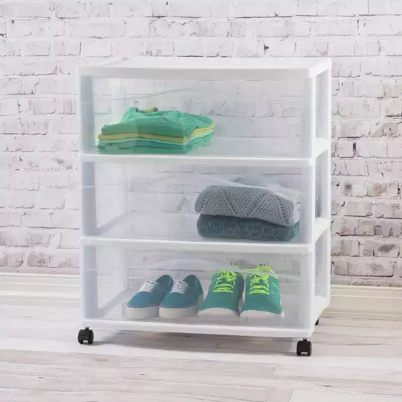 Carrello largo a 3 cassetti bianco - Brightroom™: cassetti in plastica, carrello di servizio con ruote, contenitore universale portatile
