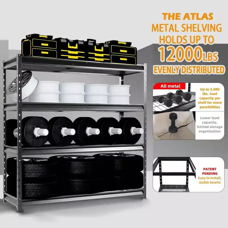 Scaffalatura Atlas a 4 ripiani 183x61x183 cm per carichi pesanti, capacità 5443 kg, finitura martellata: Stoccaggio multiuso in acciaio, ripiani regolabili