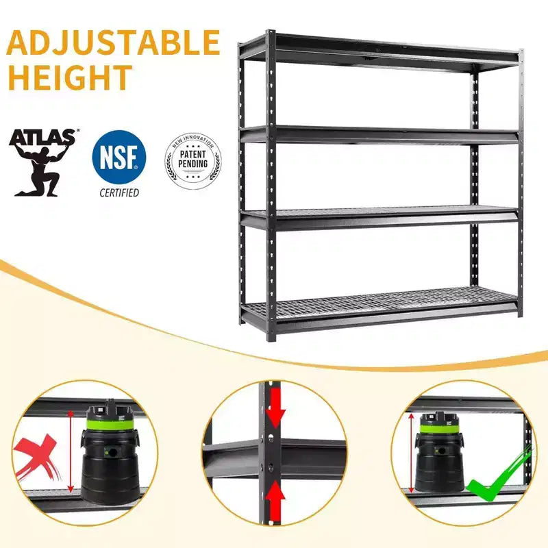 Scaffalatura Atlas a 4 ripiani 183x61x183 cm per carichi pesanti, capacità 5443 kg, finitura martellata: Stoccaggio multiuso in acciaio, ripiani regolabili