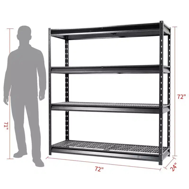 Scaffalatura Atlas a 4 ripiani 183x61x183 cm per carichi pesanti, capacità 5443 kg, finitura martellata: Stoccaggio multiuso in acciaio, ripiani regolabili