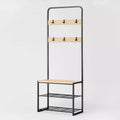 3 Tier Entry Bench with Hooks Black Metal with Natural Wood - Brightroom™