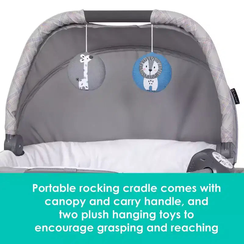 Box per neonati Baby Trend Lullaby Nursery Suite EZ-Fold con sdraietta portatile a dondolo - motivo a quadri Madrid: Cappottina, Culla, Ruote bloccabili, Vibrazione