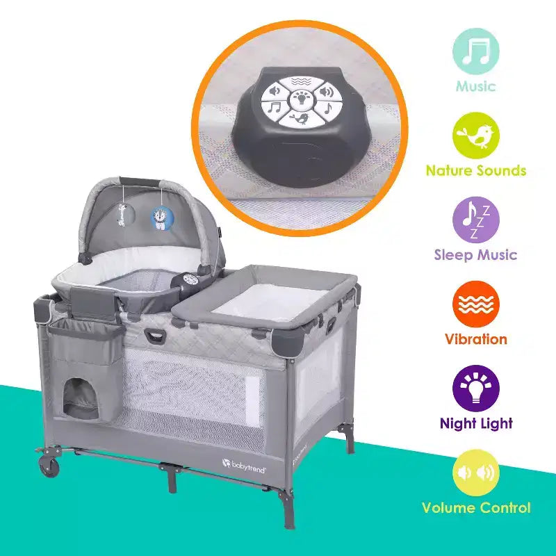Box per neonati Baby Trend Lullaby Nursery Suite EZ-Fold con sdraietta portatile a dondolo - motivo a quadri Madrid: Cappottina, Culla, Ruote bloccabili, Vibrazione