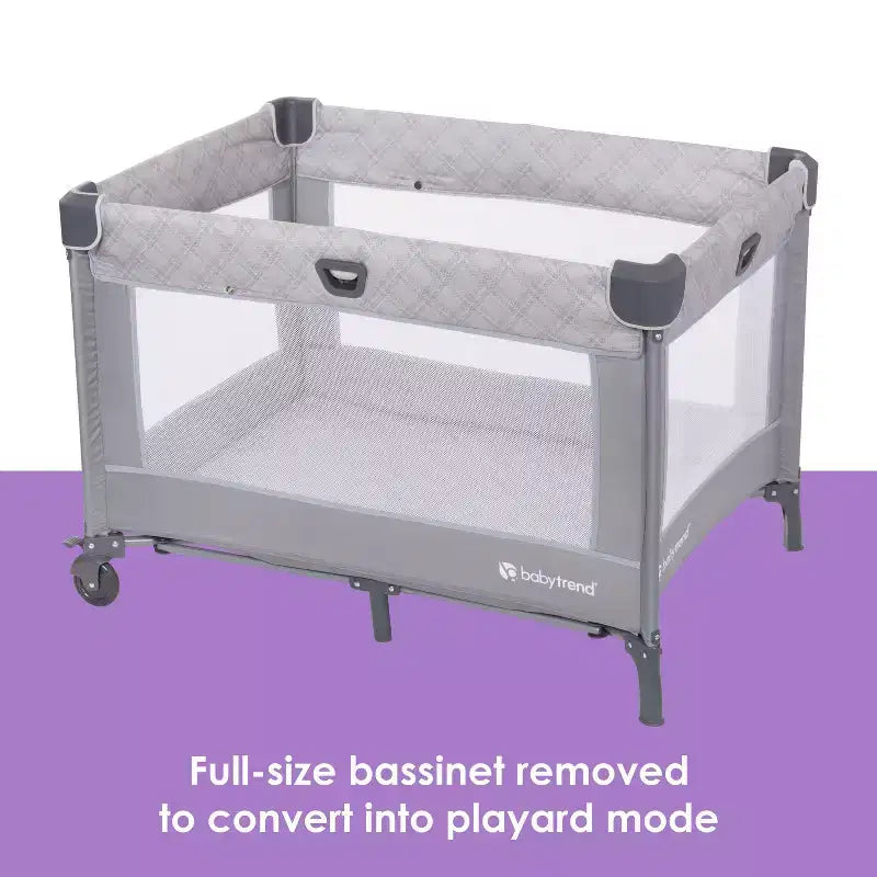 Box per neonati Baby Trend Lullaby Nursery Suite EZ-Fold con sdraietta portatile a dondolo - motivo a quadri Madrid: Cappottina, Culla, Ruote bloccabili, Vibrazione