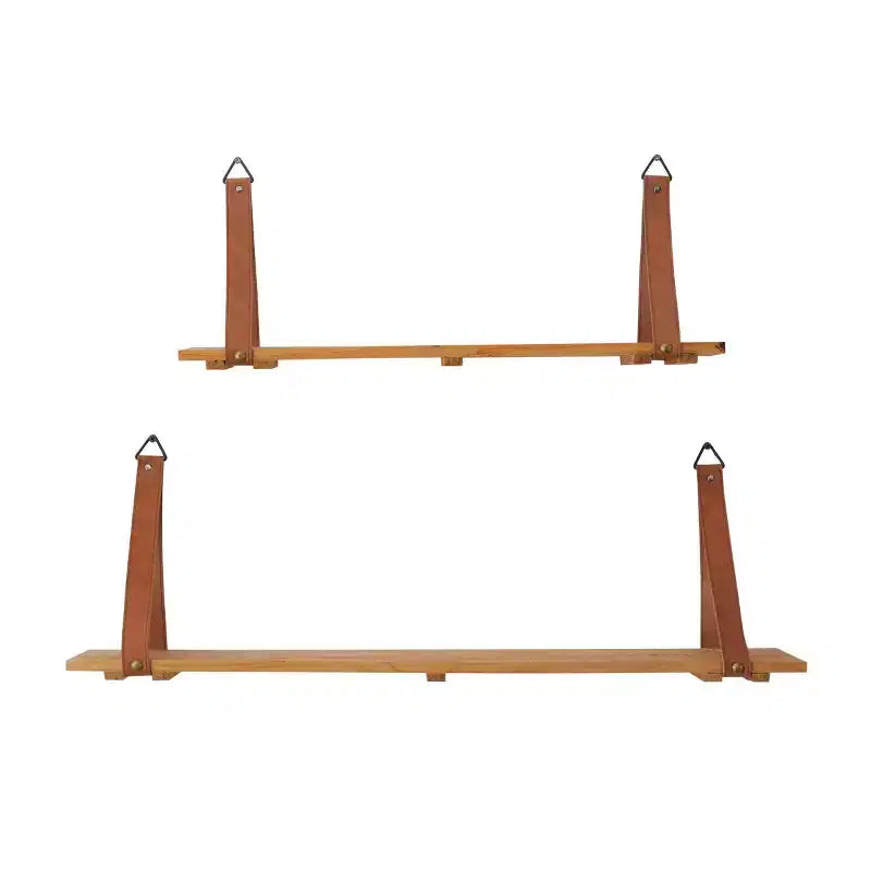 Set of 2 Wood 2 Wall Shelves with Faux Leather Straps Brown - CosmoLiving by Cosmopolitan: Contemporary Floating Storage, No Assembly Required