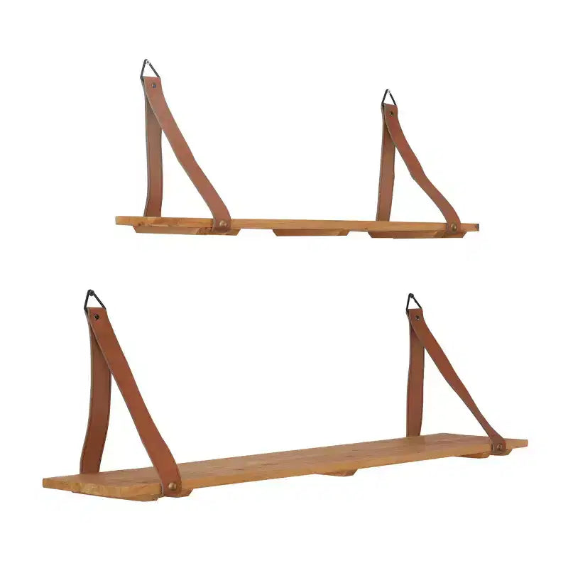Set di 2 mensole da parete in legno con cinghie in similpelle, marroni - CosmoLiving by Cosmopolitan: portaoggetti sospesi contemporanei, nessun assemblaggio richiesto