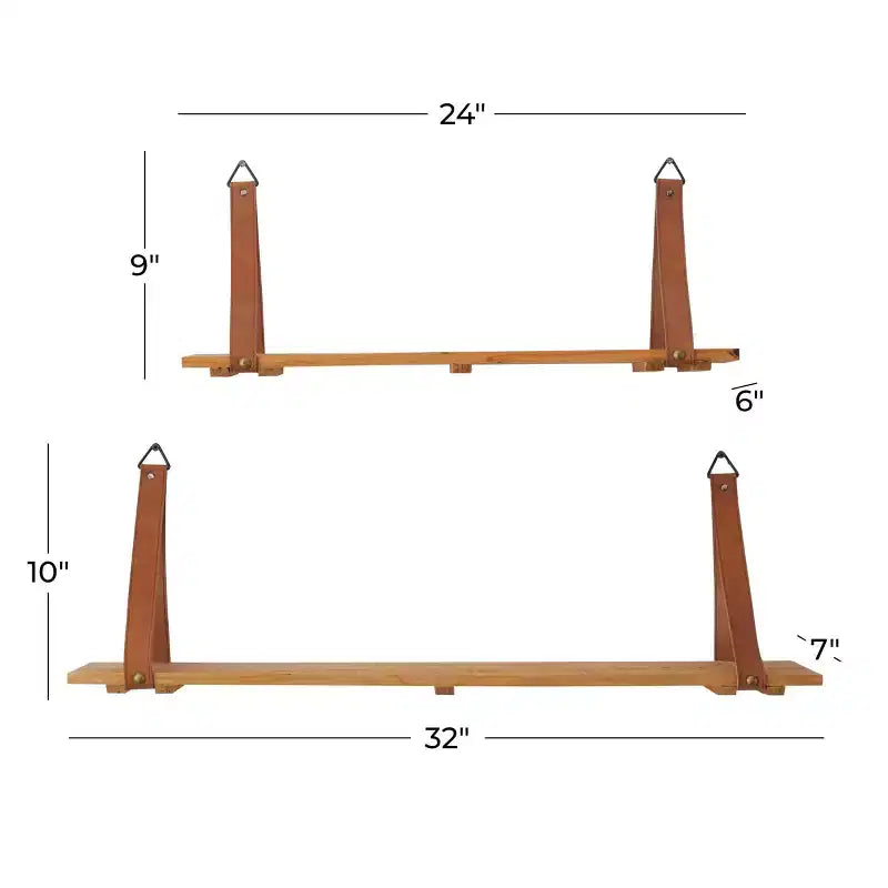 Set di 2 mensole da parete in legno con cinghie in similpelle, marroni - CosmoLiving by Cosmopolitan: portaoggetti sospesi contemporanei, nessun assemblaggio richiesto