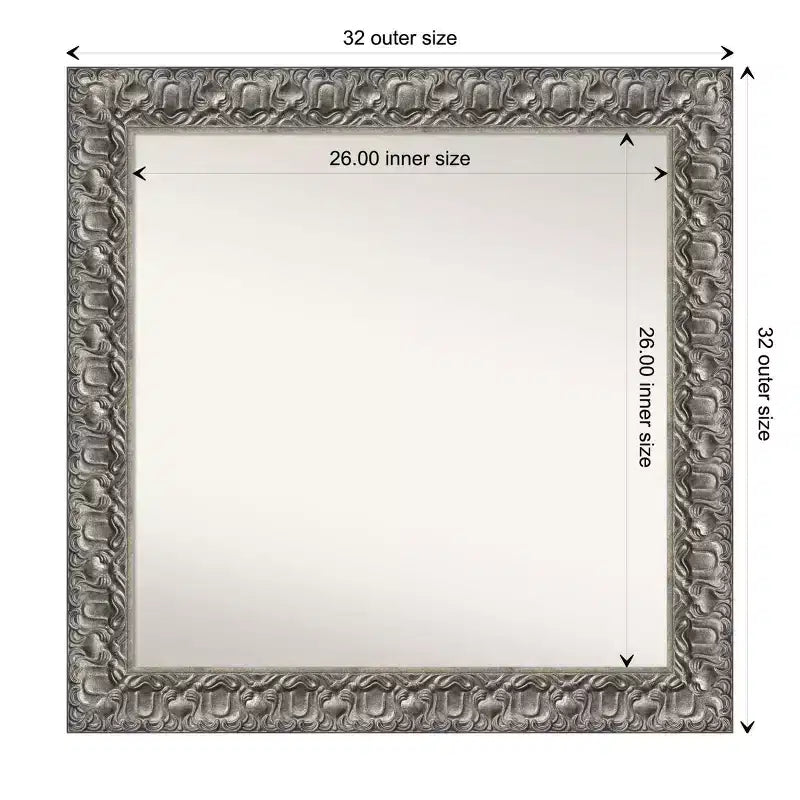 Specchio da Parete da Bagno 32" x 32" in Legno Luxor Argento - Amanti Art: Quadrato Moderno, Ferramenta di Montaggio Inclusa