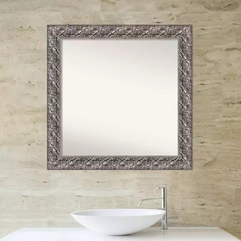 Specchio da Parete da Bagno 32" x 32" in Legno Luxor Argento - Amanti Art: Quadrato Moderno, Ferramenta di Montaggio Inclusa