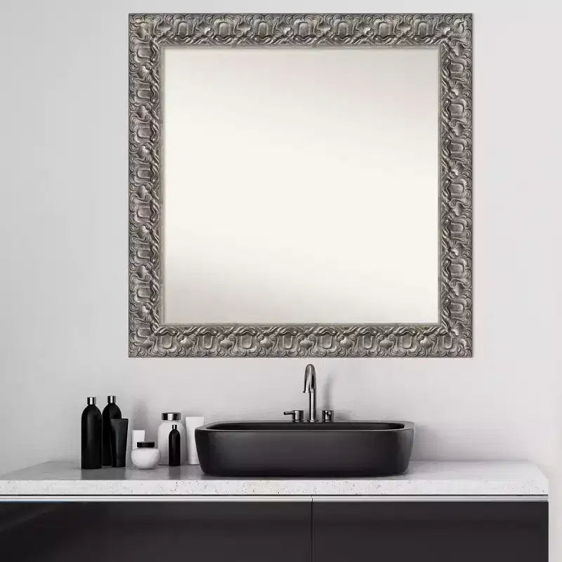 Specchio da Parete da Bagno 32" x 32" in Legno Luxor Argento - Amanti Art: Quadrato Moderno, Ferramenta di Montaggio Inclusa