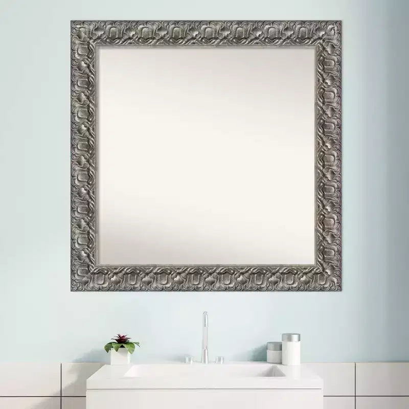 Specchio da Parete da Bagno 32" x 32" in Legno Luxor Argento - Amanti Art: Quadrato Moderno, Ferramenta di Montaggio Inclusa