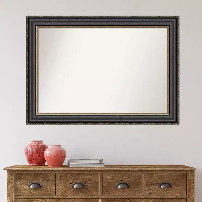 Specchio da parete per bagno Thomas in bronzo nero da 42" x 30" senza smussatura - Amanti Art: rettangolare, cornice in polistirene, montaggio a parete