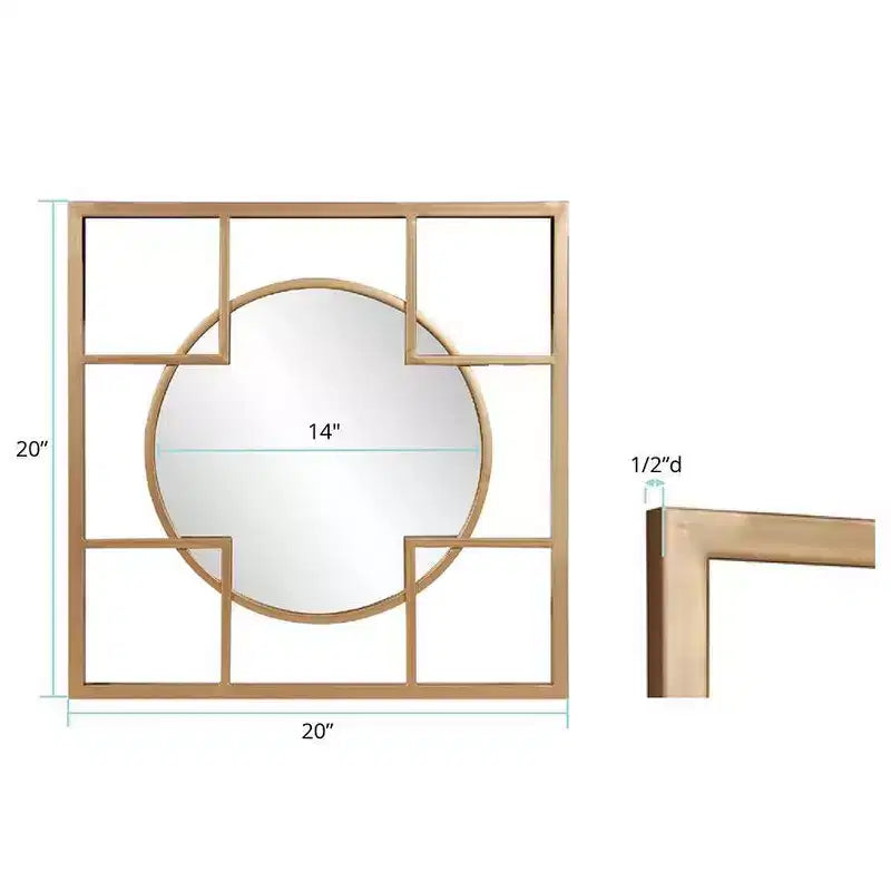 Specchio da parete oro Howard Elliott 20"x20" con cornice in metallo, circolare e quadrata: stile moderno, nessun assemblaggio, montaggio a parete