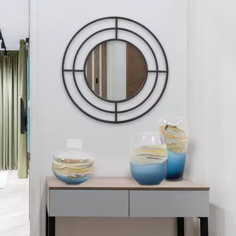 Specchio da parete rotondo Howard Elliott da 23" con cornice geometrica in ferro, nero opaco: arredamento moderno, nessun montaggio, montaggio a parete