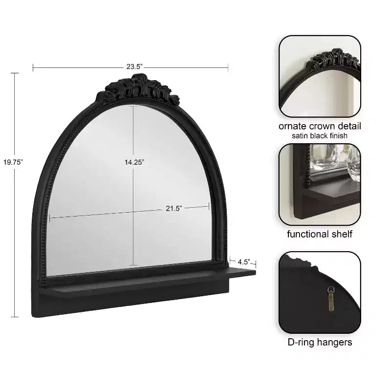 Specchio ad arco Dellona 24"x20" Kate & Laurel All Things Decor con ripiano, nero