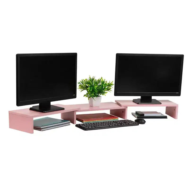 Mind Reader Dual Monitor Stand Height Adjustable Laptop Riser MDF Pink