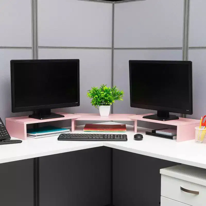 Mind Reader Supporto Doppio Monitor Regolabile in Altezza per Laptop in MDF Rosa