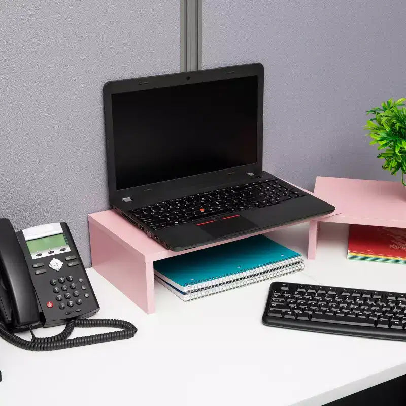 Mind Reader Supporto Doppio Monitor Regolabile in Altezza per Laptop in MDF Rosa