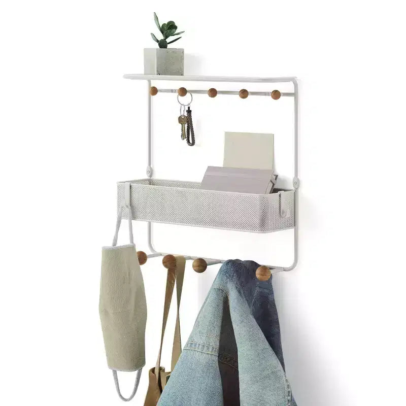 Mensola Antica Umbra con Ganci: Mensola Decorativa da Parete Bianca, Struttura in Metallo, 10 Ganci, Contenitore Sospeso da Ingresso, 31,75 cm di Larghezza