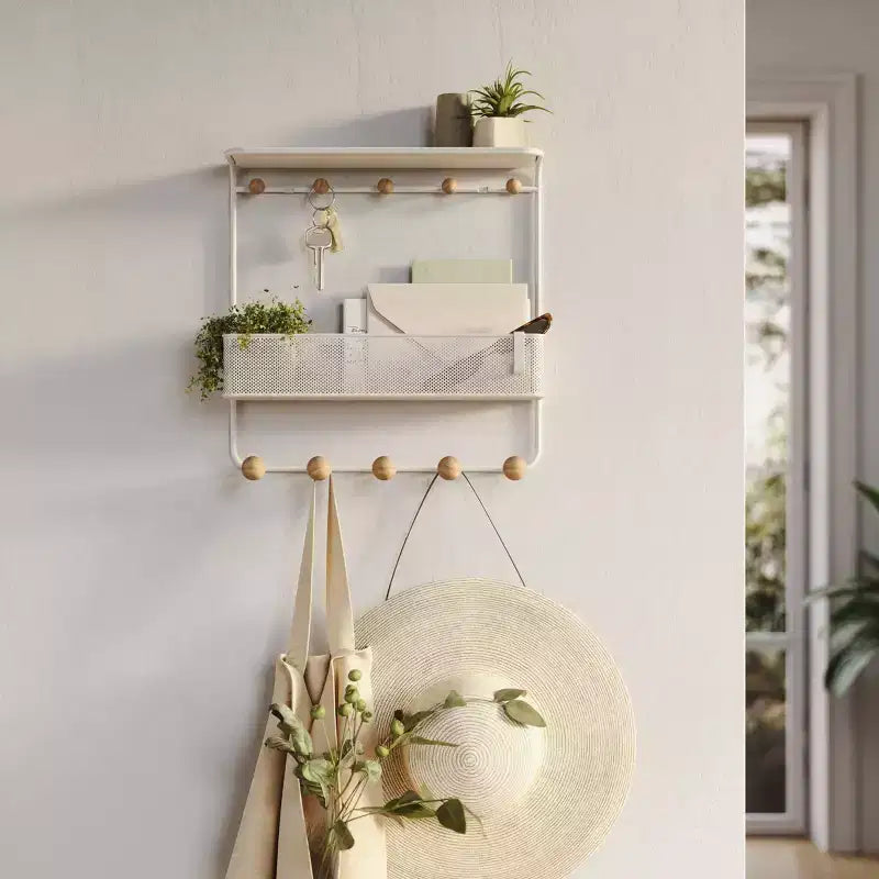 Mensola Antica Umbra con Ganci: Mensola Decorativa da Parete Bianca, Struttura in Metallo, 10 Ganci, Contenitore Sospeso da Ingresso, 31,75 cm di Larghezza