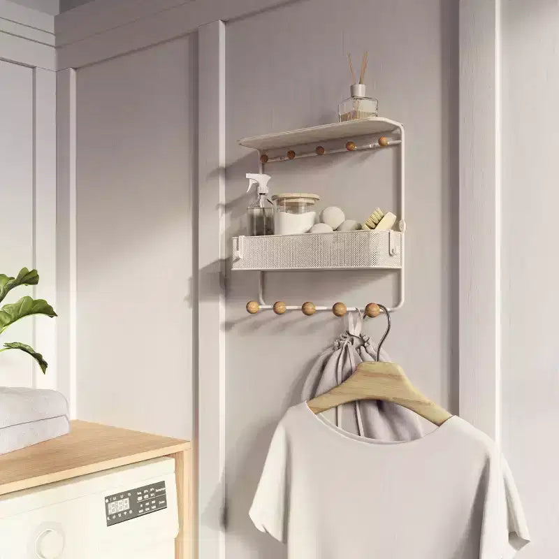 Mensola Antica Umbra con Ganci: Mensola Decorativa da Parete Bianca, Struttura in Metallo, 10 Ganci, Contenitore Sospeso da Ingresso, 31,75 cm di Larghezza