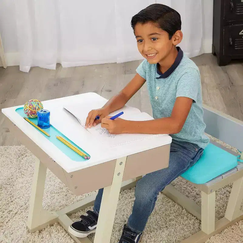 Little Tikes 1 pz. Great Ideas Scrivania Tavolo Quadrato per Bambini Blu Verde Acqua/Beige