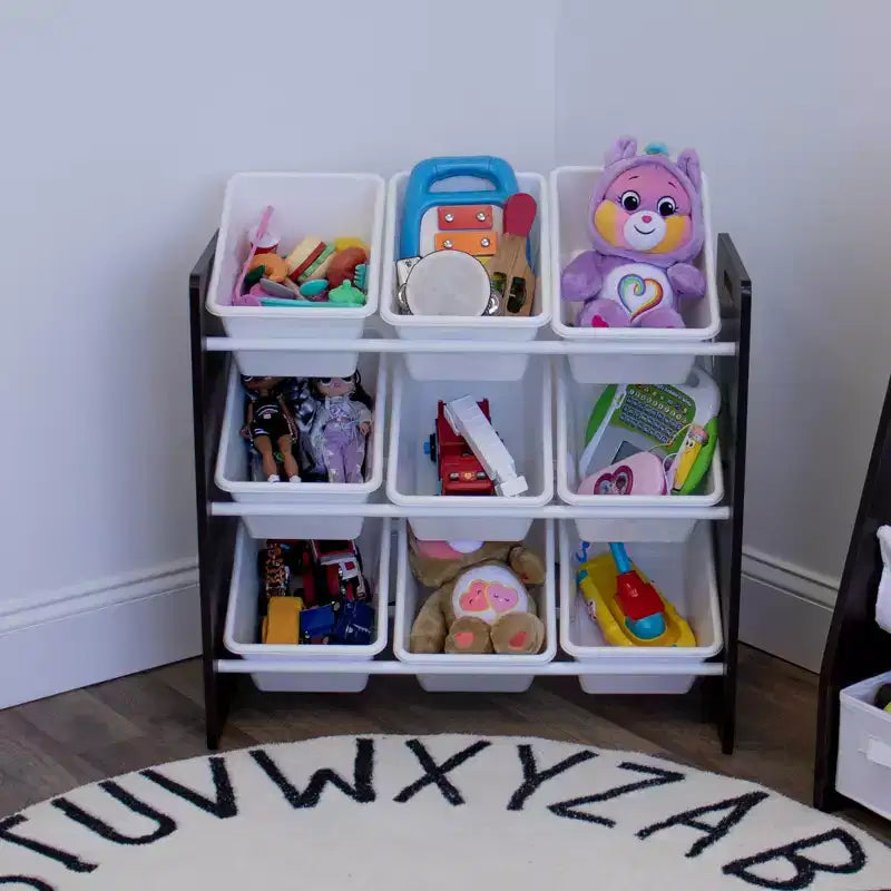Organizzatore per giocattoli per bambini con 9 contenitori portaoggetti Espresso/Bianco - Humble Crew: Scaffali con contenitori in MDF, Mobili contenitore per bambini