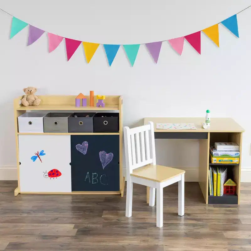 Set scrivania e sedia per bambini Humble Crew, in legno naturale: telaio in MDF, tavolo rettangolare, 3+ anni, set da 2 pezzi