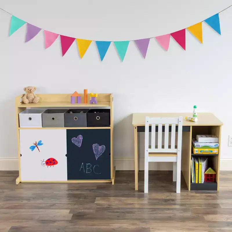 Set scrivania e sedia per bambini Humble Crew, in legno naturale: telaio in MDF, tavolo rettangolare, 3+ anni, set da 2 pezzi