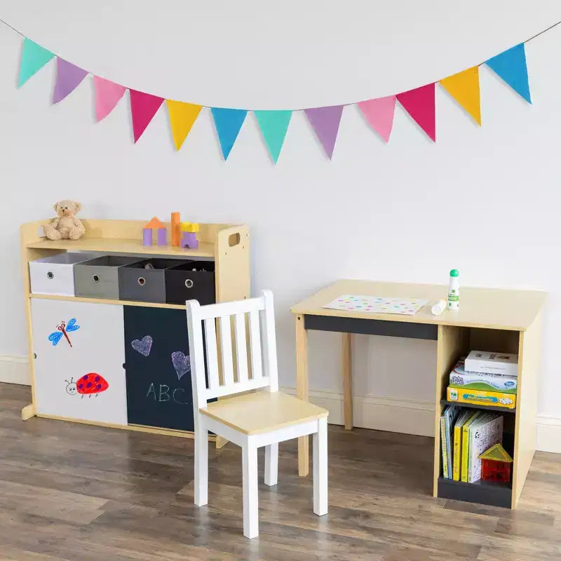 Set scrivania e sedia per bambini Humble Crew, in legno naturale: telaio in MDF, tavolo rettangolare, 3+ anni, set da 2 pezzi