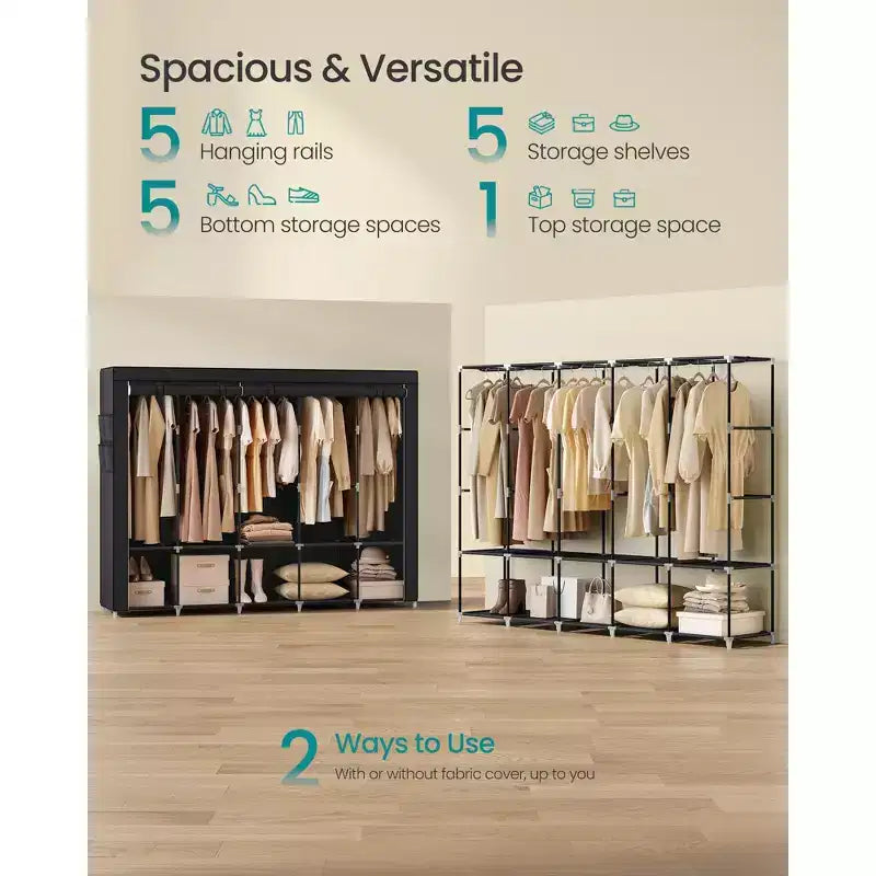 SONGMICS Armadio Portatile, Guardaroba con Copertura in Tessuto, 5 Aste Appendiabiti e Ripiani, 4 Tasche Laterali, 211 x 45 x 167 cm, Nero Inchiostro