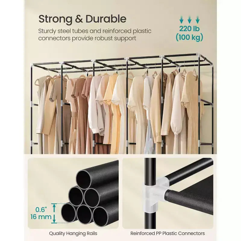 SONGMICS Armadio Portatile, Guardaroba con Copertura in Tessuto, 5 Aste Appendiabiti e Ripiani, 4 Tasche Laterali, 211 x 45 x 167 cm, Nero Inchiostro