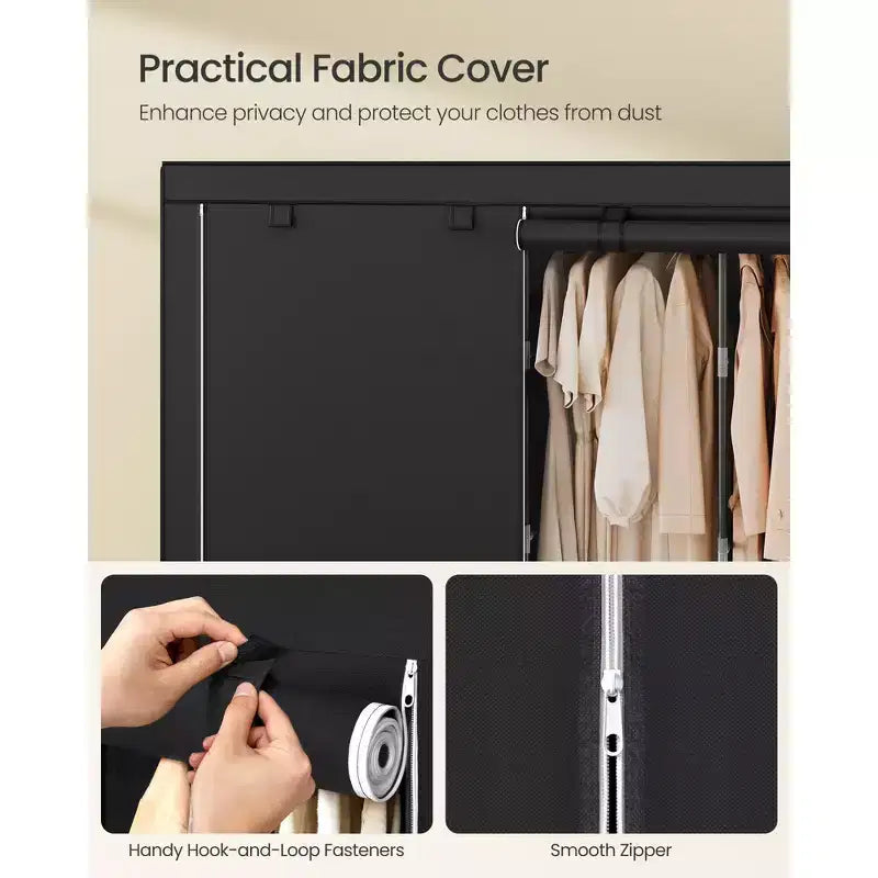 SONGMICS Armadio Portatile, Guardaroba con Copertura in Tessuto, 5 Aste Appendiabiti e Ripiani, 4 Tasche Laterali, 211 x 45 x 167 cm, Nero Inchiostro