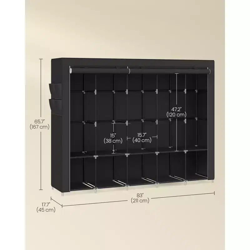 SONGMICS Armadio Portatile, Guardaroba con Copertura in Tessuto, 5 Aste Appendiabiti e Ripiani, 4 Tasche Laterali, 211 x 45 x 167 cm, Nero Inchiostro