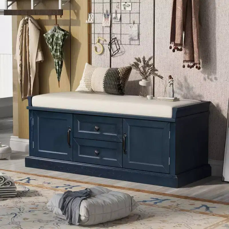 Panca Contenitore Whisen in Stile Classico con 2 Cassetti, 2 Armadietti e Cuscino Rimovibile