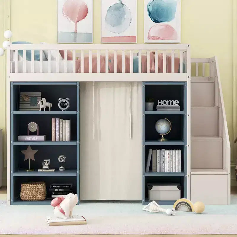 Letto a soppalco full size con 2 armadietti a quattro ante, tenda e scala multiuso, Bianco+Blu-ModernLuxe