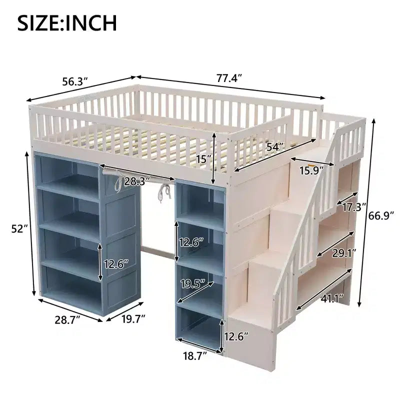 Letto a soppalco full size con 2 armadietti a quattro ante, tenda e scala multiuso, Bianco+Blu-ModernLuxe