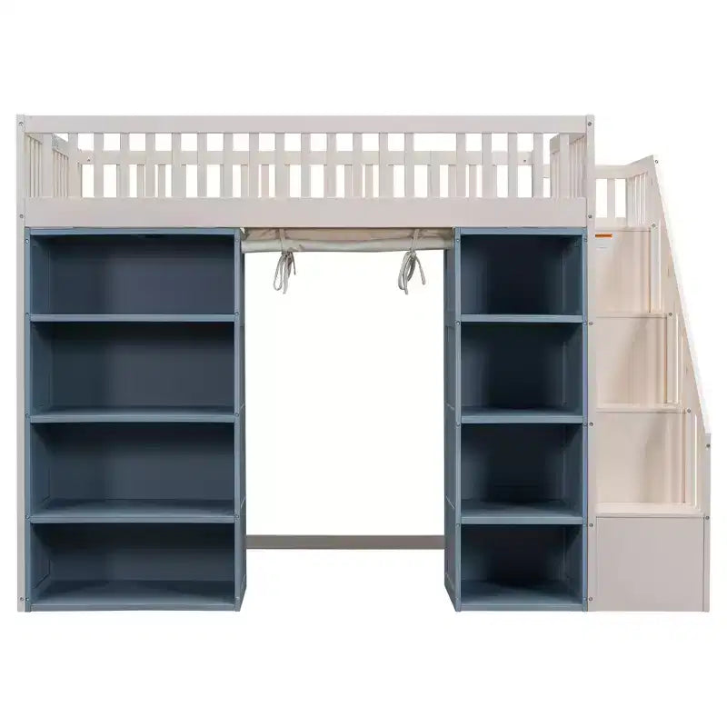 Letto a soppalco full size con 2 armadietti a quattro ante, tenda e scala multiuso, Bianco+Blu-ModernLuxe