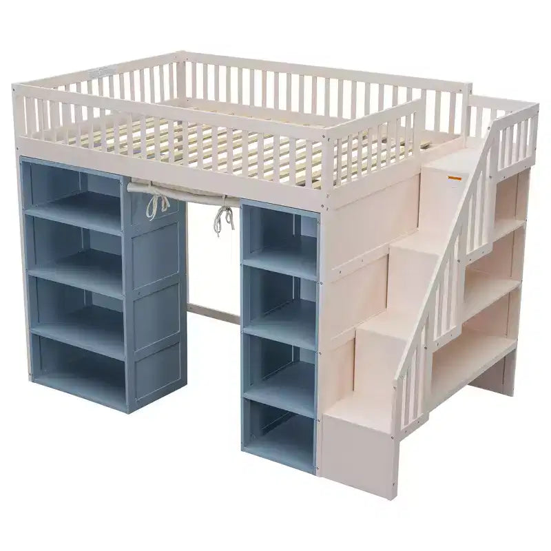 Letto a soppalco full size con 2 armadietti a quattro ante, tenda e scala multiuso, Bianco+Blu-ModernLuxe