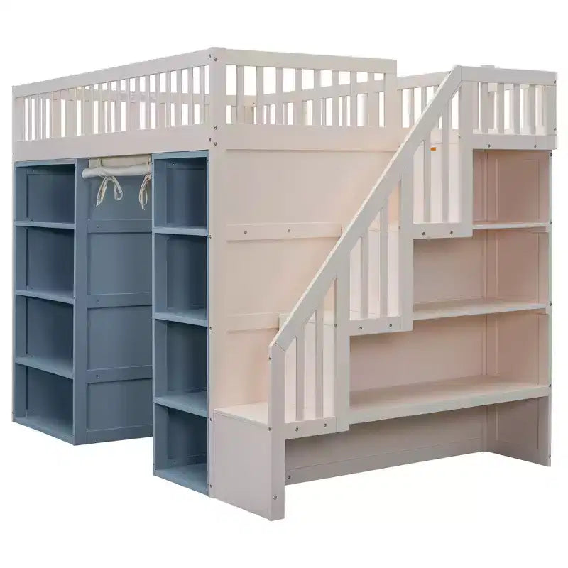 Letto a soppalco full size con 2 armadietti a quattro ante, tenda e scala multiuso, Bianco+Blu-ModernLuxe