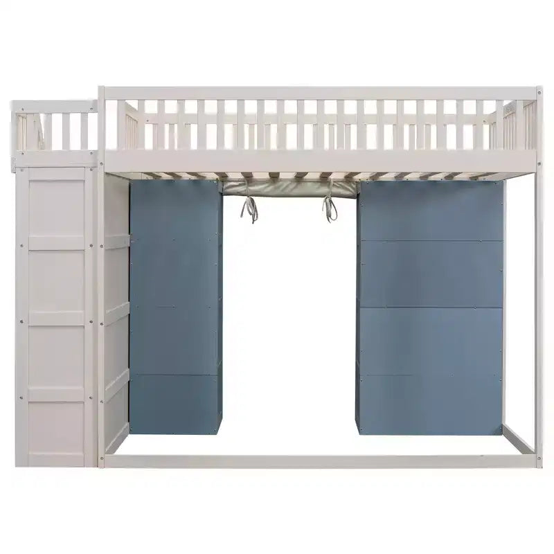 Letto a soppalco full size con 2 armadietti a quattro ante, tenda e scala multiuso, Bianco+Blu-ModernLuxe