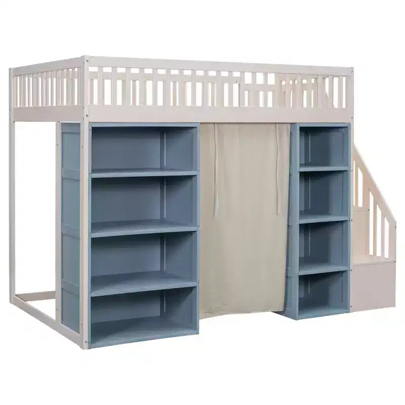 Letto a soppalco full size con 2 armadietti a quattro ante, tenda e scala multiuso, Bianco+Blu-ModernLuxe
