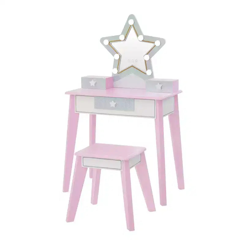 Set da toeletta in legno Fantasy Fields Little Princess Star per bambini con specchio LED e sgabello