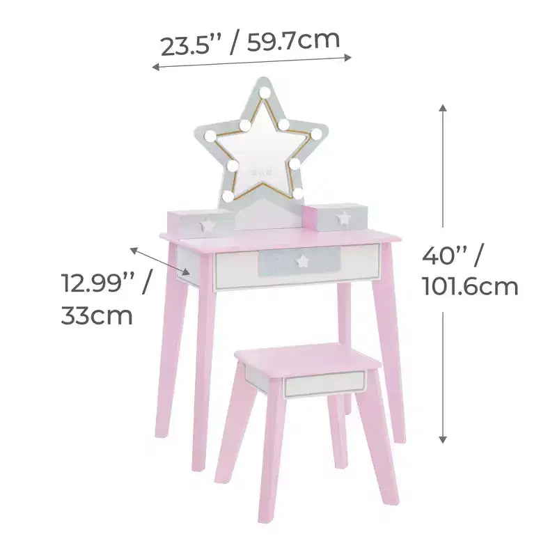 Set da toeletta in legno Fantasy Fields Little Princess Star per bambini con specchio LED e sgabello