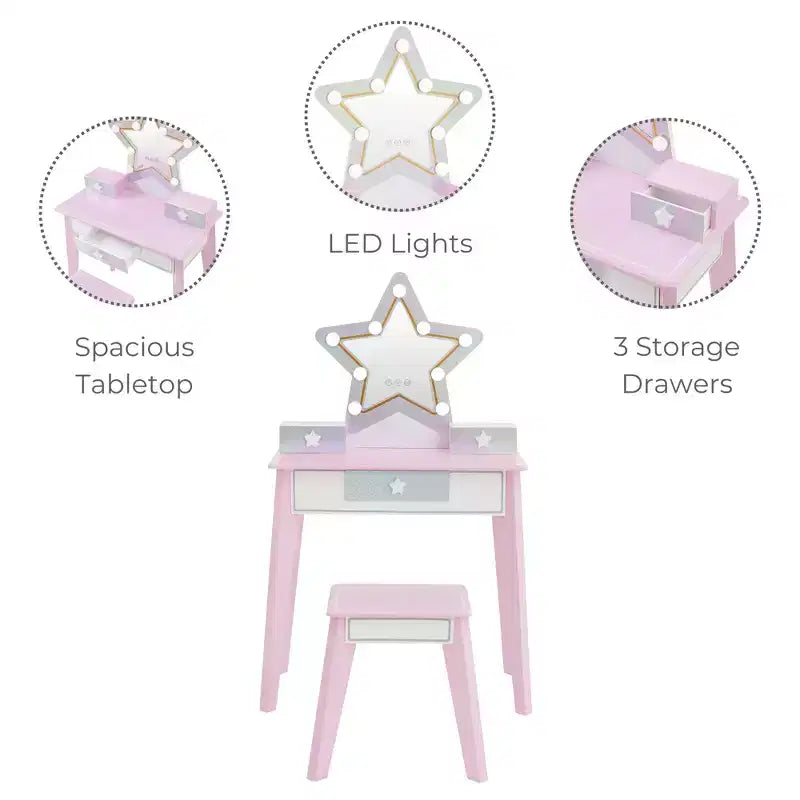 Set da toeletta in legno Fantasy Fields Little Princess Star per bambini con specchio LED e sgabello