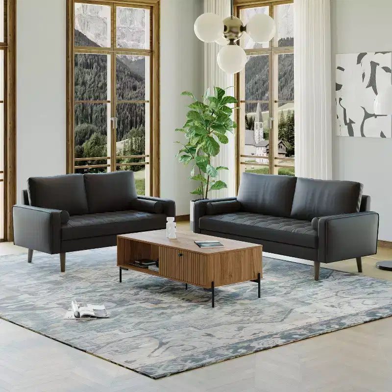 Divano e divanetto Luige a 2 posti in similpelle, con braccioli quadrati, in stile moderno di metà secolo - Tree City
