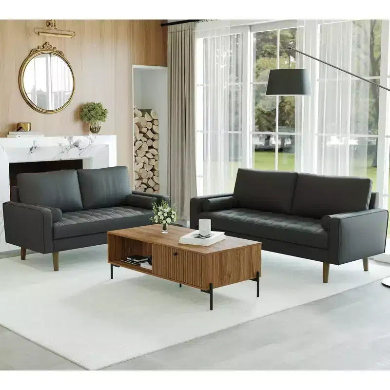 Divano e divanetto Luige a 2 posti in similpelle, con braccioli quadrati, in stile moderno di metà secolo - Tree City