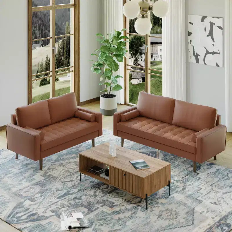 Divano e divanetto Luige a 2 posti in similpelle, con braccioli quadrati, in stile moderno di metà secolo - Tree City