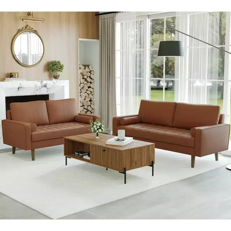 Divano e divanetto Luige a 2 posti in similpelle, con braccioli quadrati, in stile moderno di metà secolo - Tree City
